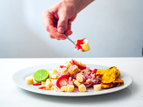 Ceviche pálmaszívből és sült batátával,