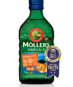Möllers omega-3 halolaj étrend-kiegészítő a, d és e-vitaminnal, tutti-frutti ízesítéssel 250 ml