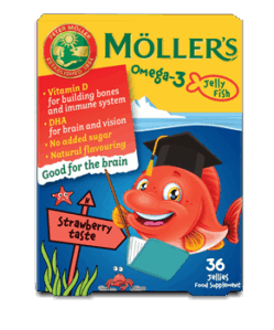 Möllers omega-3 halacska gumivitamin étrend-kiegészítő gyerekeknek d-vitaminnal, eper ízesítéssel 36 db