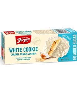 Bergen white cookie karamellával, földimogyoróval tejbevonatban hozzáadott cukor nélkül 100 g