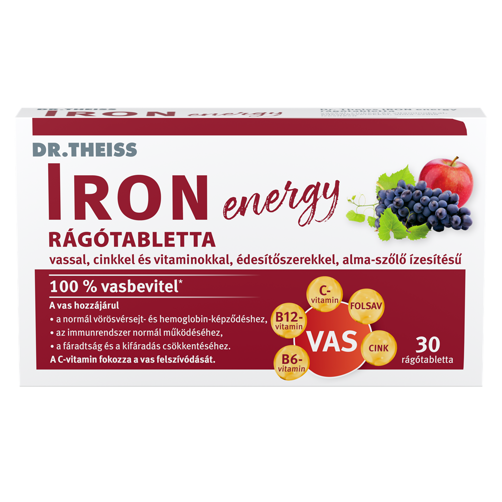 Dr.Theiss iron energy rágótabletta vassal, cinkkel és vitaminokkal alma-szőlő ízben 30 db
