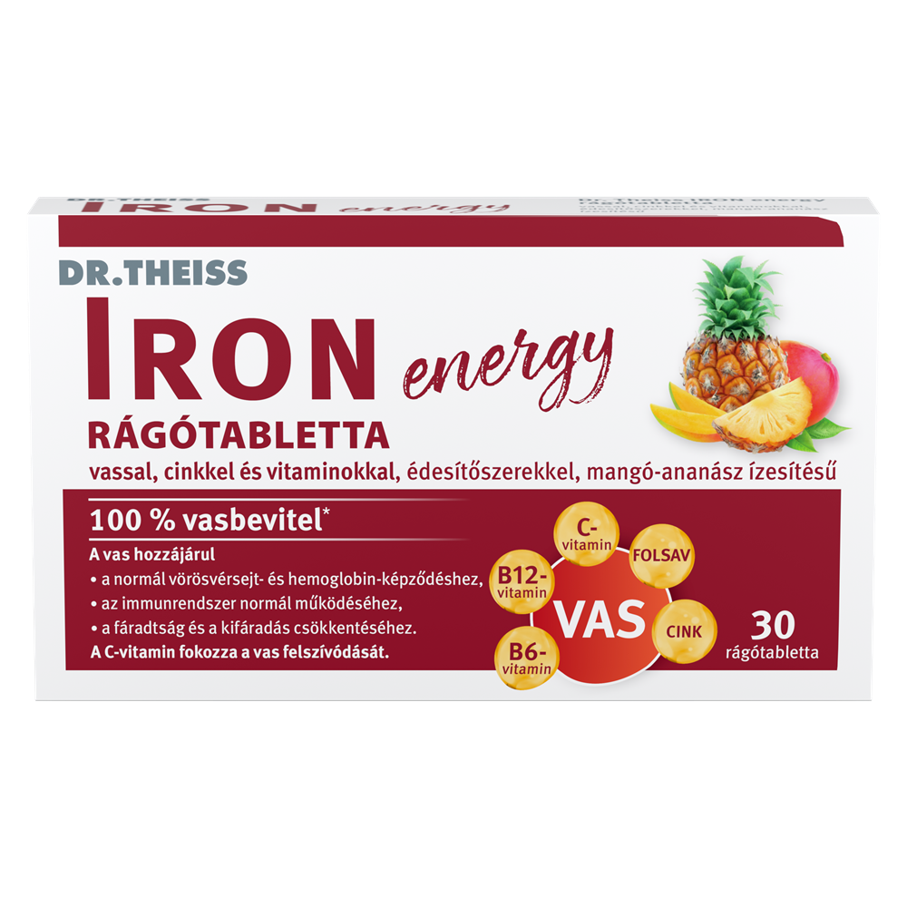 Dr.Theiss iron energy rágótabletta vassal, cinkkel és vitaminokkal mangó-ananász ízben 30 db